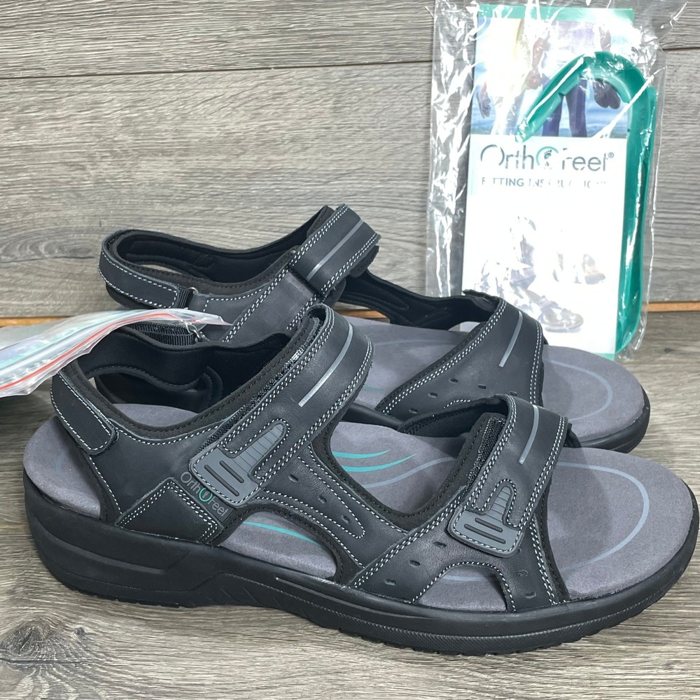 Orthofeet Clearwater Sandals Mens 11.5 2E Black Leather Orthotic Comfort Walking